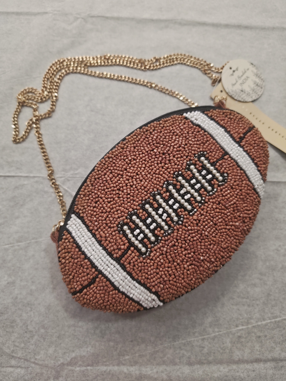 Source Unknown Brown Beaded Football Crossbody Bag with Gold Chain